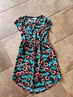 LuLaRoe Black Dress with Coral Flowers and Teal Leaves